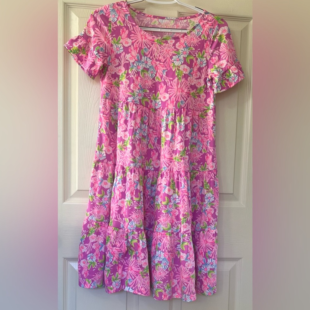 Lilly Pulitzer XXS Pink Purple Floral Tiered Midi Dress Ruffle Sleeve